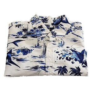 Ralph Lauren Polo Marlin Fishing Boat Tropical White Blue Button Shirt Size XL